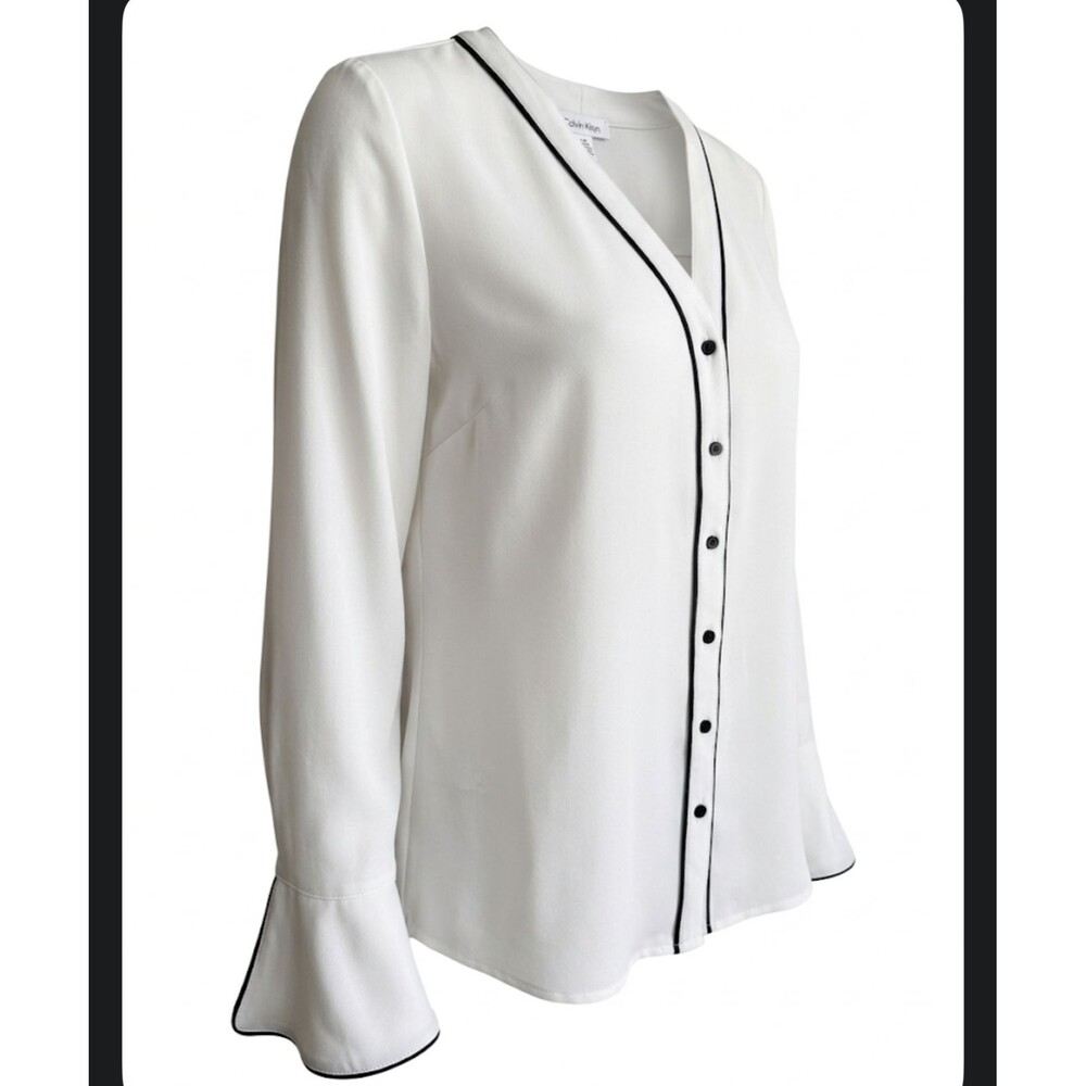 Calvin Klein Women's White Blouse Long Sleeve Black Trim Shirt Size S Small